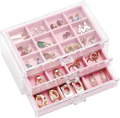 ProCase Earring Holder Organizer Jewelry Box with 3 Drawers, Pink by ProCase