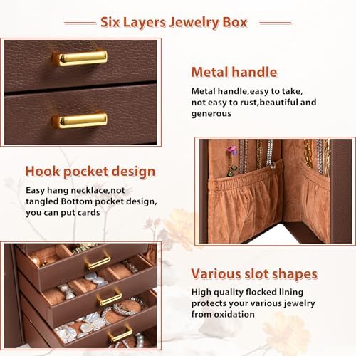 AKOZLIN 6-Tier Jewelry Box Organizer 5 Drawers Storage Brown Regular - Image 6
