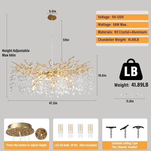 YUYI Modern Crystal Chandelier, 47" Gold Tree Branch Chandeliers, 18-Light Round Chandelier for Dining Room, Living Room, Foyer, Entryway, Kitchen, Bedroom, Luxury K9 Crystal Raindrop Light Fixture - Image 4