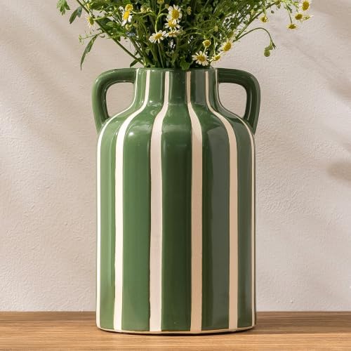 Ceramic Vase with Handles, Modern Farmhouse Striped Decorative Vase, 9.1" Art Deco Tall Flower Vases for Pampas Grass, Shelf Decor, Dining Table Centerpiece, Living Room Home Decor (Sage Green) by SUREYUESI