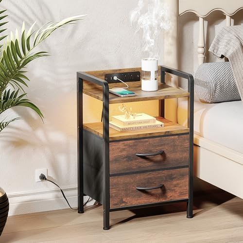 Lazzanto Nightstand with Rear Charging Station, LED Light, 2 Drawers, Brown - Image 2