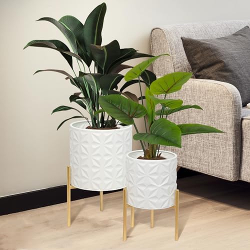 ARNIS Plant Pots with Stand, Set of 2 Indoor Planter Pots, Large Metal Planters with Stand, Mid Century Decorative Flower Pots with Drainage Hole and Gold Plant Stand, 8.25" & 10.5",Matte White by ARNIS