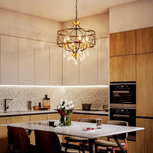 Crystal Chandeliers for Dining Room,17.7" Black and Gold 6 Lights Hanging Pendant Lighting Fixture Metal Farmhouse Chandelier for Kitchen Island Entryway Living Room - Image 2