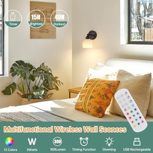 Shenmoyl Vintage Battery Operated Wall Sconce with White Tulip Glass Lampshade Rechargeable Battery Powered Black Wall Light with Remote Control for Bedside Bedroom Doorway - Image 2