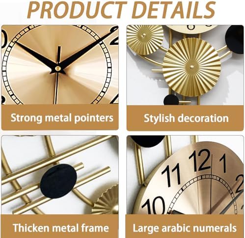 Large Wall Clocks for Living Room,Silent Non Ticking,Battery Operated Oversized Round Modern Wall Clock for Bedroom,Farmhouse,Office Wall Decor-17.8x30.7Inch(Golden) - Image 2