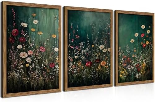 Vintage Wildflower Wall Art Set of 3, Moody Dark Green Flower Botanical Wall Decor Paintings,Nature Floral Farmhouse Landscape Posters Prints Pictures for Living Room Bedroom 12x16 Inch Wood Framed by fancynewWallArt