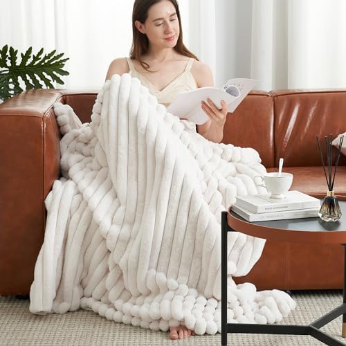 Amélie Home Soft Striped Faux Fur Throw Blanket for Couch, Ivory, 55"x70" - Image 2