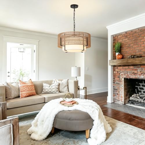 4-Light Rattan Chandelier, 19.7" Large Boho Hand Woven Pendant Light - Image 5