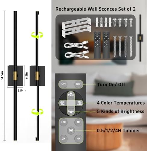 iThird Battery Operated Wall Sconces Set of 2, 10000mAh, Black - Image 2