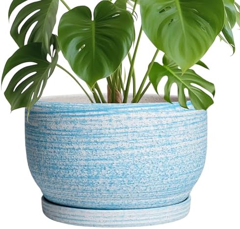 SQOWL Ceramic Plant Pots - 10 Inch Ceramic Flower Pots with Drainage Hole and Saucer, Round Large Planter for Indoor Outdoor, Decorative Modern Planter, Kitchen Decor, House Warming Gifts, Blue by SQOWL