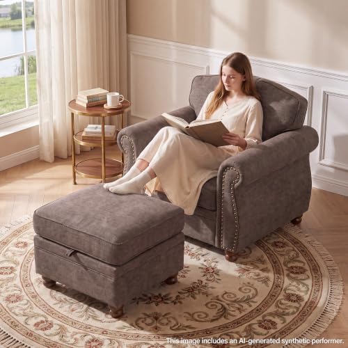 Traditional Accent Chair with Storage Ottoman, 41.3", Chenille, Brown - Image 4