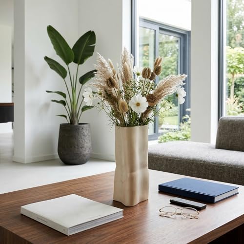 Sculptural Ceramic Vase for Living Room and Home Decor - Elegant Modern Flower Vase as A House Accent with Modern Pottery - Decorative Table Styling for Bedroom, Room and Office Display - 15”, Cream by NESSANDJORD