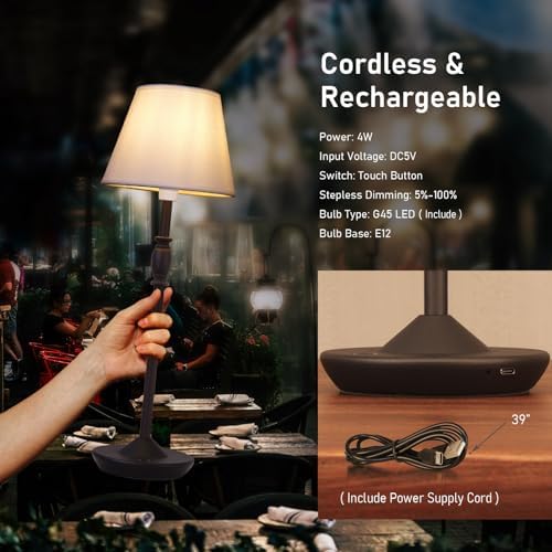 Cordless Table Lamp Portable Small LED Touch Lamp with Dimmer, 18" 2700K Rechargeable Battery Light for Bedside, Dining Room, Bedroom Lamp, Patio, Bar, Night Light, Bathroom (Sand Black) - Image 5
