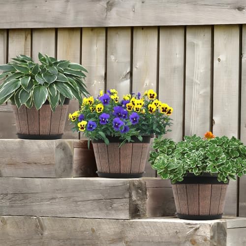 Quarut 4 Pack 8 inch Pots for Plants,Upgrade Whiskey Barrel Planters - Image 6