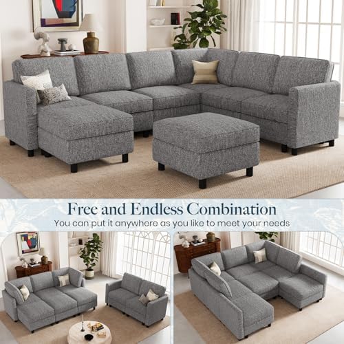 Belffin 107.1" 8 Seats U Shaped Couch Modular Sectional Sofa Seat Couch with Storage Comfy Washable Sectional Couches for Living Room Sofas Set with Chaise,Grey - Image 4