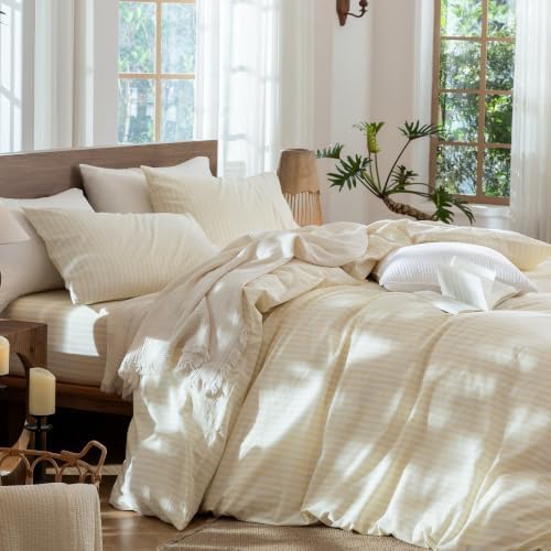 MooMee Striped Duvet Cover Set 100% Washed Cotton Linen Like King - Image 5