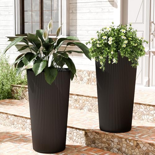 24" Tall Round Planters for Outdoor Plants Fluted Finishes - Black by Outdoorchairs
