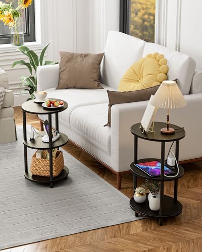 Small Round Side Table - 3-Tier Oval Accent Table for Small Spaces, Rustic Wood and Metal Nightstand for Living Room or Bedroom, Built-in USB Ports and Power Outlet, Charcoal Wenge - Image 6