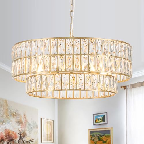 CATINER Gold Crystal Chandelier 24" 8-Light Modern Semi Flush Pendant by CATINER