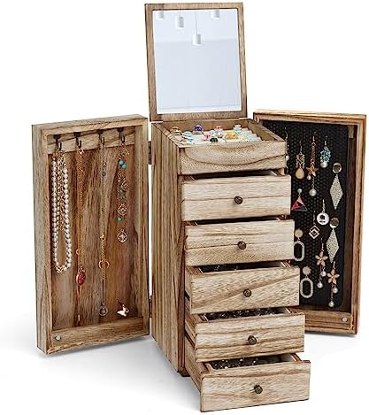 Meangood Jewelry Box Wood for Women, 6-Layer Large Organizer Box with Mirror & 5 Drawers for Rings, Earrings, Necklaces, Vintage Style, Torched Wood by Meangood