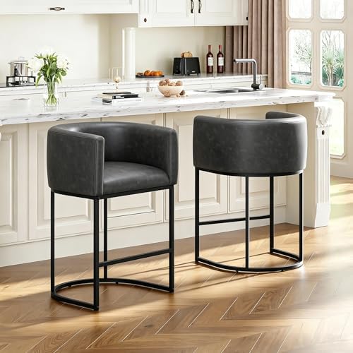 26" H Counter Height Bar Stools Set of 2, Modern Barrel Counter Stools with Backrest and Arms, Faux Leather Upholstered Accent Barstools for Kitchen Island,Support 450 LBS (Black) by VATROS