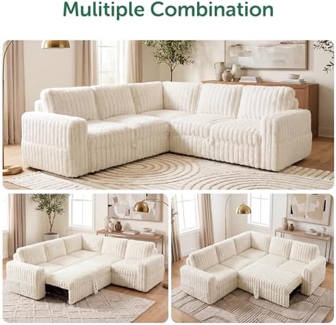 HONBAY Plush Corduroy Modular Sectional Sofa with Pull Out Bed, Convertible L Shaped Couch with Storage,Sleeper Sectional Couches for Living Room,Plush Beige - Image 6