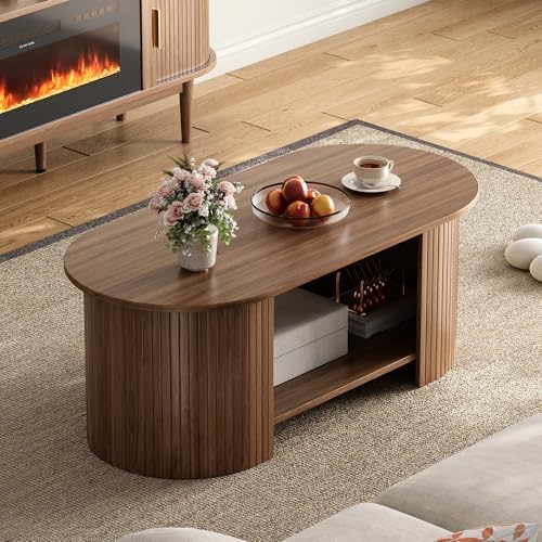 42" Oval Fluted Coffee Table, 2-Tier Center Table with Large Storage, Mid-Century Modern Wood Coffee Table for Living Room, Home Office, Small Space, Walnut - Image 6