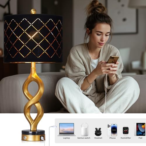 Cinyirong 30" Black and Gold Table Lamps Set of 2 for Bedroom, Modern Touch Control Bedside Lamps for Living Room, 3-Way Dimmable Sculptural Resin Nightstand Lamps with USB A+C Ports and 2 LED Bulbs - Image 6