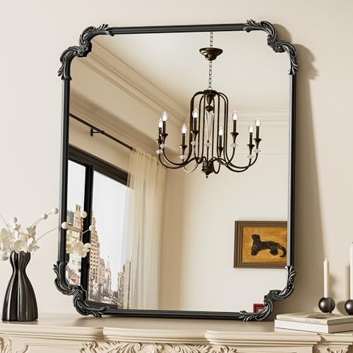 TETOTE Antique Black Rectangle Mirror for Mantle Fireplace 30 x 36 Baroque Vintage Ornate Scroll Wall Mirror with Metal Frame for Traditional Victorian French Decor, Horizontal/Vertical by TETOTE