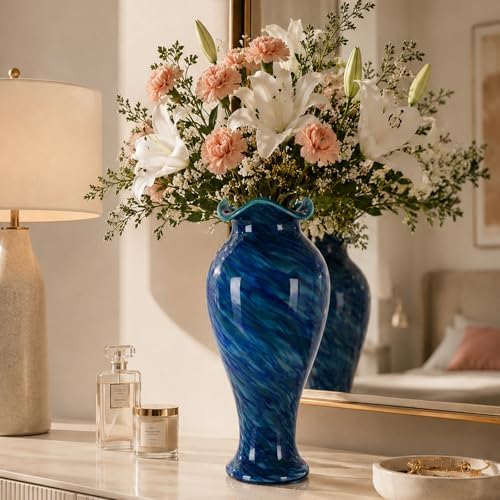 19.7H Murano Hand Blown Glass Vase, Ruffled Scalloped Rim Wide Mouth Colorful Decorative Flower Vase, Large Glass Centerpiece for Living Room, Bathroom, Office, Bookshelf, Entryway,Mantel Decor(Blue) - Image 7