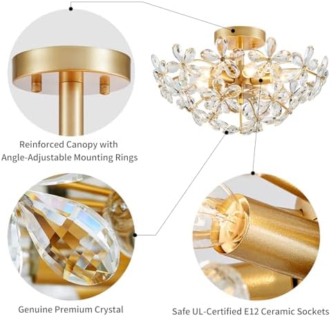 WUZUPS Crystal Chandelier Pendant Flushmount Ceiling Light Modern Lighting Fixture for Bedroom Hallway Bar Kitchen Bathroom, H 15.7" x W 17.7", Gold, E12 Base - Image 3