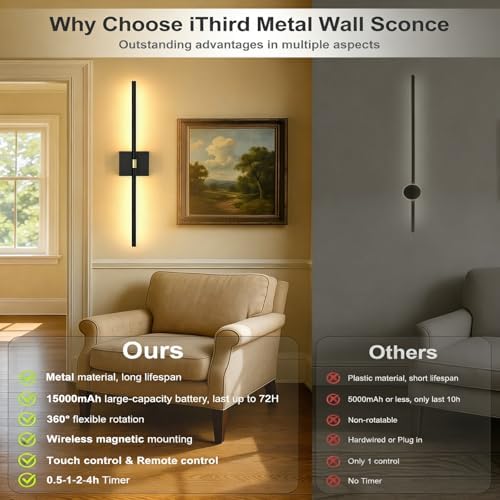 iThird Battery Operated Wall Sconces Set of 2: 10000mAh Rechargeable Wireless Wall Lights, 360° Rotatable Magnetic Wall Lamp, 4CCT Dimmable LED Wall Lighting for Bedroom Living Room Hallway, 31.7in - Image 4
