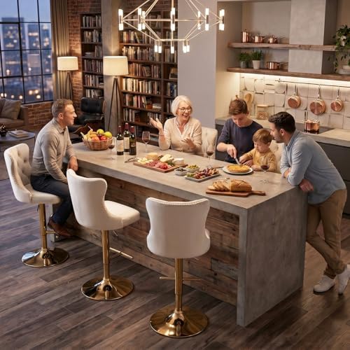 SoarFlash Velvet Bar Stool Set of 6, Adjustable Swivel Bar Stools with Gold Plated Metal Leg, Button Tufted, Footrest, Chrome Nailhead, Counter Height Chair for Kitchen, Bar, Dining Room (Beige) - Image 4
