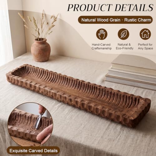30 Inch Large Decorative Wooden Dough Bowl Decor, Rectangular - Image 3