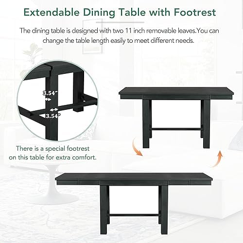 VilroCaz Farmhouse 6-Piece Extendable Dining Room Table Sets, Acacia Wood 82" Dining Table with 2 Removable Leaf and Upholstered Dining Chairs& Bench, Soft Cushion with Rivet - Image 5