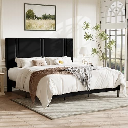 Allewie King Size Platform Bed Frame with Velvet Upholstered Headboard - Image 3