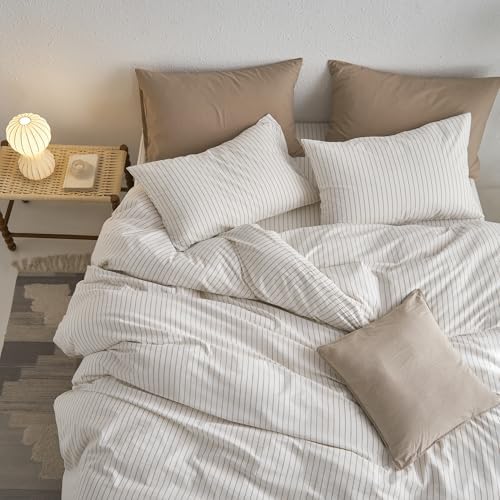 MooMee Striped Duvet Cover Set 100% Washed Cotton Linen Like Queen - Image 5