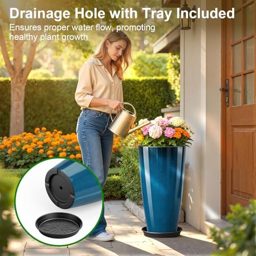 QCQHDU 21 inch Tall Planters for Outdoor & Indoor Plants, Set of 2 Large Outdoor Planters with Drainage Hole for Front Porch, Patio, Garden, Home Decor, Blue - Image 5