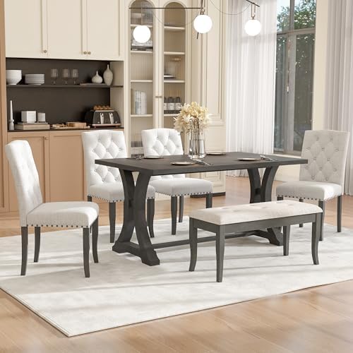 Harper & Bright Designs Classic and Traditional Style 6 - Piece Dining Set, Includes Dining Table, 4 Upholstered Chairs & Bench(Antique Gray1) by HarperBrightDesigns