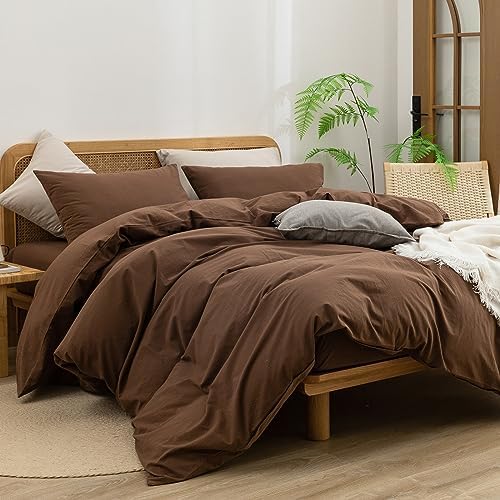 BESTOUCH Cotton Solid Duvet Cover Set Linen Feel Cocoa Brown Twin - Image 4