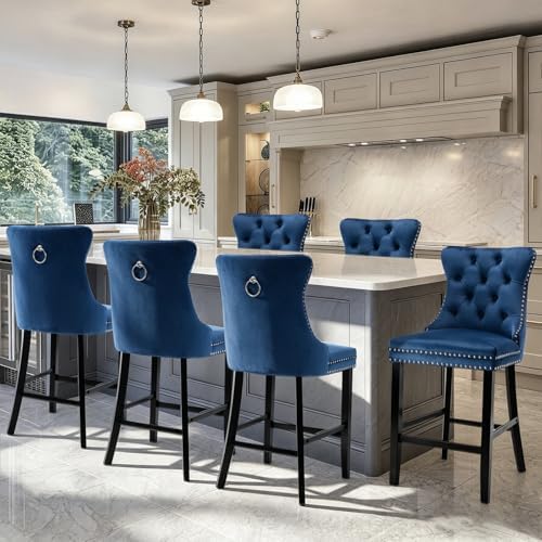 SoarFlash Modern Velvet Upholstered Bar Stools Set of 6 with Wood Legs, Button Tufted,Chrome Nailhead, Counterstool Seat, Armless Bar Chairs (Blue) - Image 6