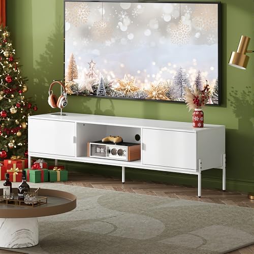 WLIVE 58" TV Stand for 65 Inch TVs, Mid Century Modern Entertainment Center with 2 Storage Cabinets & Open Shelf, Media Console Table with Metal Legs for Living Room, Bedroom, White - Image 2