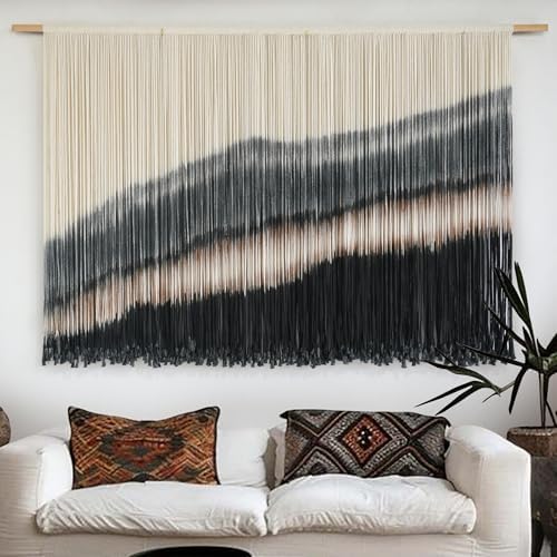 Jakalin Macrame Wall Hanging Black Dip Dye Fiber Tapestry Handmade 57"x35" by Jakalin
