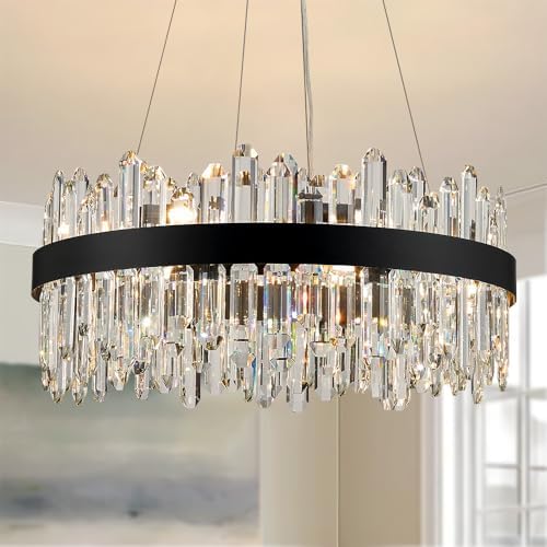 Black Modern Oval Crystal Chandelier, 16-Lights Luxury Chandeliers 2-Tiers K9 Crystal Chandelier Pendant, Light Fixture G9 Lights for Dining Living Room Entryway Kitchen Dia 23 inch by LIZZTREE