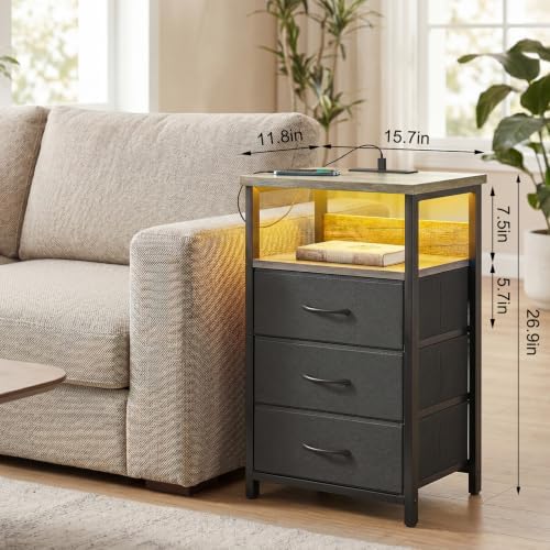 Fixwal Night Stand with 3 Fabric Drawers, Nightstand with Charging Station - Image 3