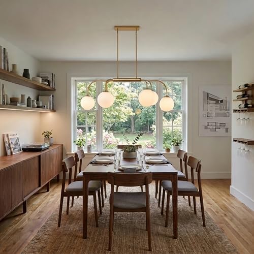 LamQee 41 Inch Mid Century Modern Linear Chandelier, 6 Lights Milk Glass Globe Chandeliers Light Fixture with Gold and White Ball, Large Pendant Lighting Ceiling Hanging for Dining Room Kitchen Island - Image 4