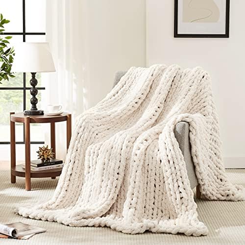 L'AGRATY Chunky Knit Throw Blanket for Couch, 72'' x 84'' Knit Throw, Ivory by LAGRATY