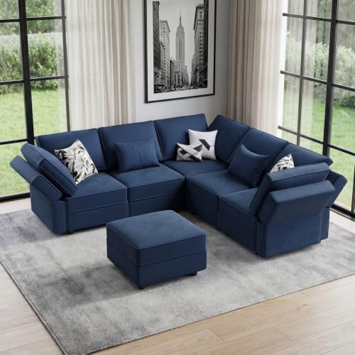 Vesgantti 92" 6 Seats L Shaped Modular Sectional Couch with Storage, Blue by Vesgantti