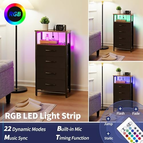 Yoobure Night Stand - LED Nightstand with Charging Station, Tall Nightstand for Bedroom, Bedside Table with 4 Fabric Storage Drawers and Storage Shelf, End Table with USB Ports and Outlets - Image 5