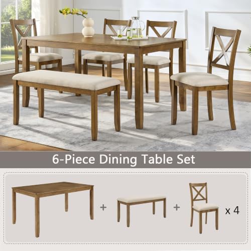 Harper & Bright Designs Complete 6-Piece Oak Dining Set –58.5" Rectangular Table + 4 X-Back Chairs + Upholstered Bench,Solid Rubberwood Frame,Farmhouse Style,Seats 6 - Image 7